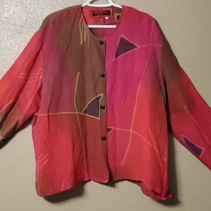 Farley Farley 2X Silk Linen Art to Wear Button-Up Blouse Lagenlook Pink Red